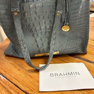 Brahmin Slate Croc-Embossed Leather Tote with Gold Accents